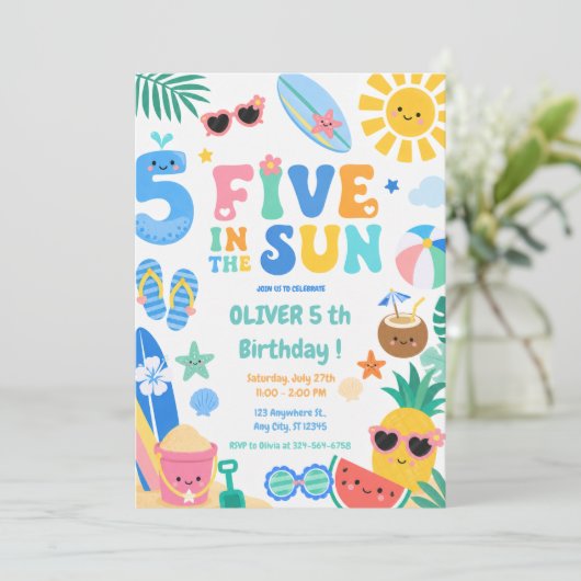 Five in the Sun 5e verjaardagsfeestje Kaart (Staand voorkant)