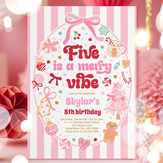 Five Is A Merry Vibe Christmas Bow 5th Birthday Kaart