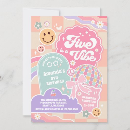 Five Is A Vibe Cloud Rainbow Disco 5th Birthday Kaart (Voorkant)