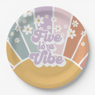 Five is a Vibe Retro Sunshine Regenboog Madeliefje Papieren Bordje