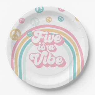 Five is a Vibe Retro Zomer Regenboog Papieren Bordje