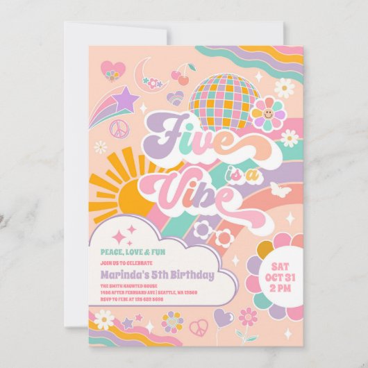 Five Is A Vibe Sun Rainbow Disco 5th Birthday Kaart (Voorkant)
