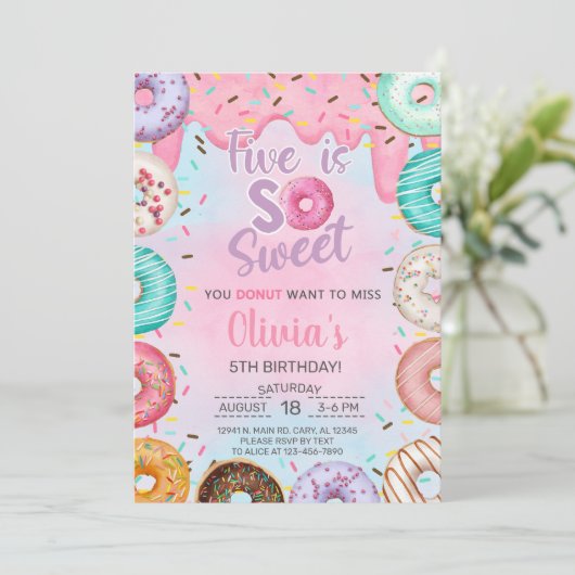 Five is Sweet meisje 5e verjaardagsuitnodiging don Kaart (Staand voorkant)