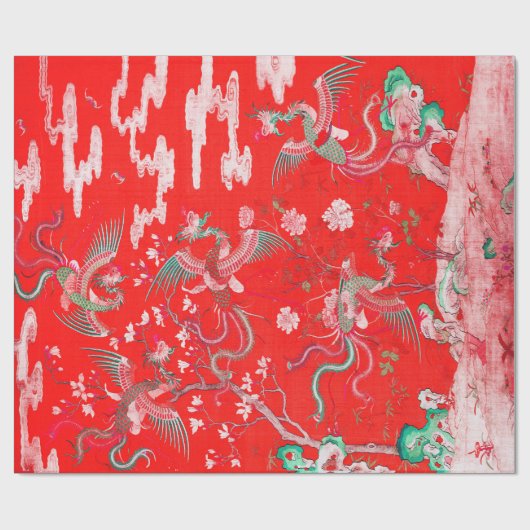 Five Phoenixes in Garden Chinese Red Floral  Cadeaupapier (Vlak)