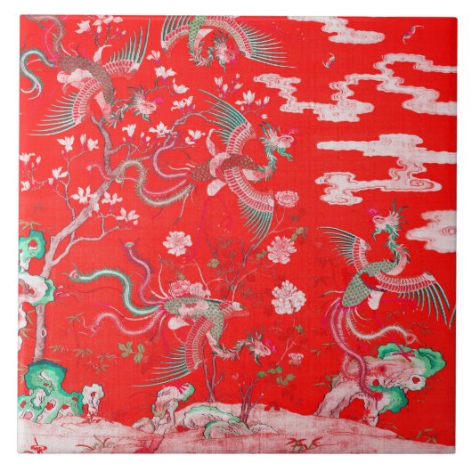 Five Phoenixes in Garden Chinese Red Floral Tegeltje (Voorkant)
