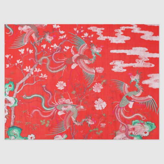 Five Phoenixes in Garden Chinese Red Floral  Tissuepapier (Voorkant)