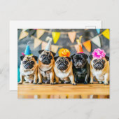 Five Pugs with Party Hats Together Briefkaart (Voorkant / Achterkant)