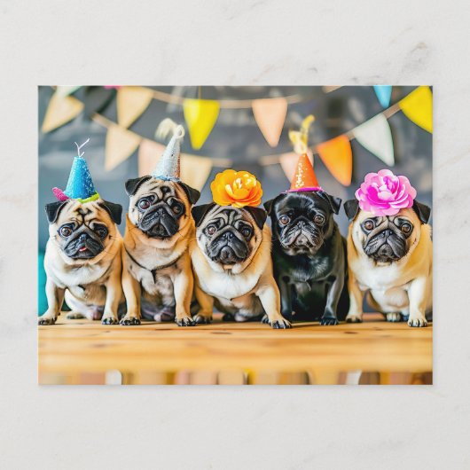 Five Pugs with Party Hats Together Briefkaart (Voorkant)