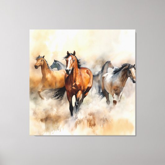 “Five Wild Mustangs” Stof Westers Waterverf Canvas Afdruk (Voorkant)