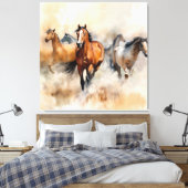 “Five Wild Mustangs” Stof Westers Waterverf Canvas Afdruk (Insitu (Slaapkamer))