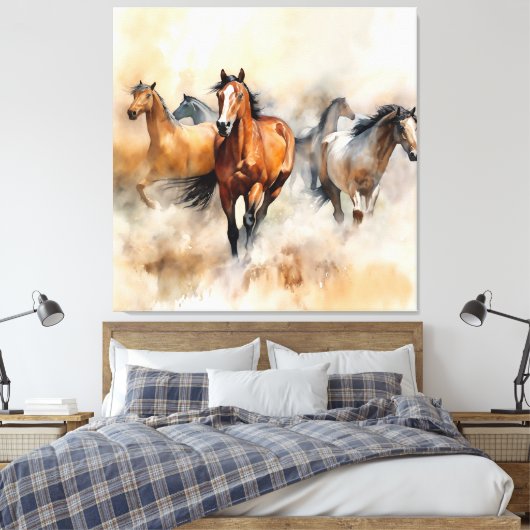 “Five Wild Mustangs” Stof Westers Waterverf Canvas Afdruk (Insitu (Slaapkamer))