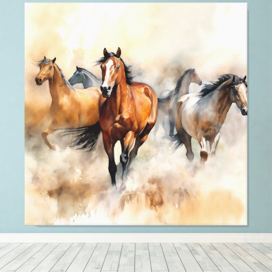 “Five Wild Mustangs” Stof Westers Waterverf Canvas Afdruk (Insitu (Houten vloer))