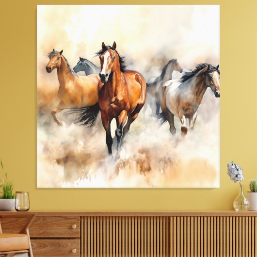 “Five Wild Mustangs” Stof Westers Waterverf Canvas Afdruk (Insitu (Woonkamer))