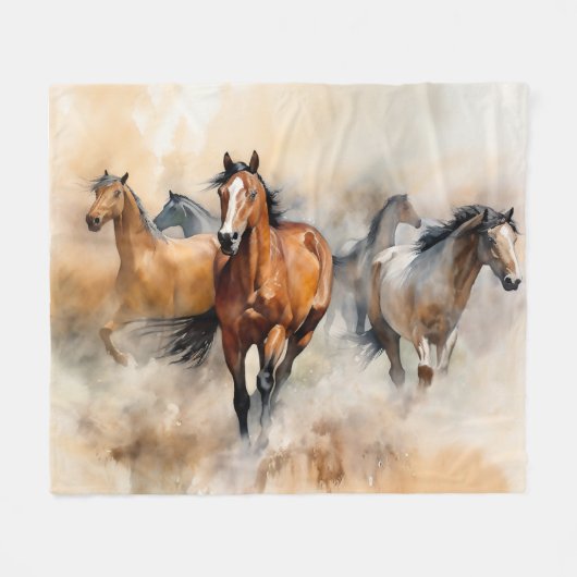 “Five Wild Mustangs” Stof Westers Waterverf Fleece Deken (Voorkant (Horizontaal))