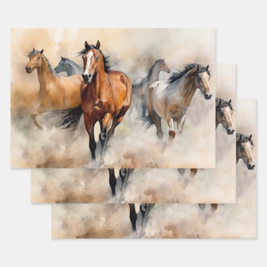 “Five Wild Mustangs” Stof Westers Waterverf Inpakpapier Vel (Set)