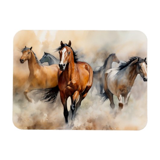 “Five Wild Mustangs” Stof Westers Waterverf Magneet (Horizontaal)