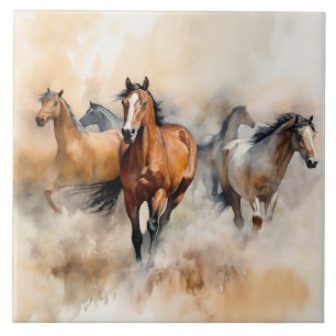 “Five Wild Mustangs” Stof Westers Waterverf Tegeltje