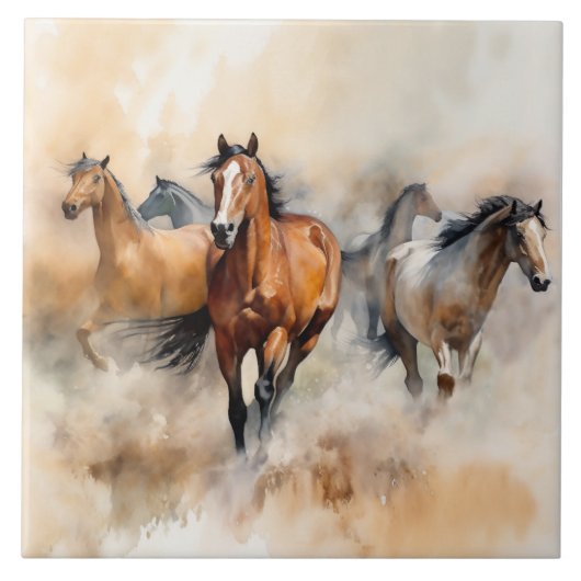 “Five Wild Mustangs” Stof Westers Waterverf Tegeltje (Voorkant)