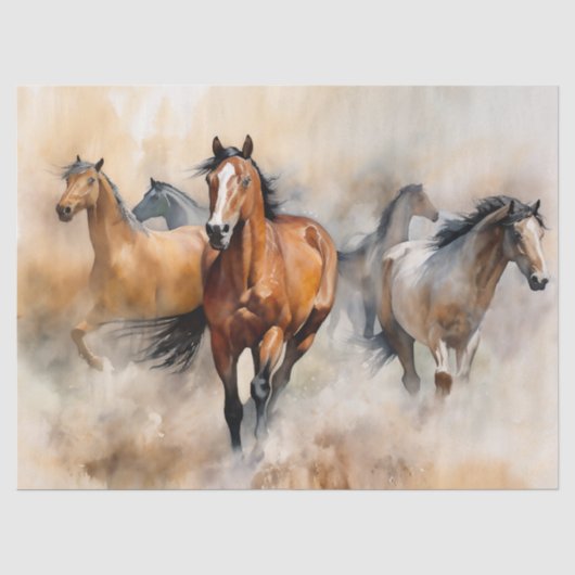 “Five Wild Mustangs” Stof Westers Waterverf Tissuepapier (Voorkant)