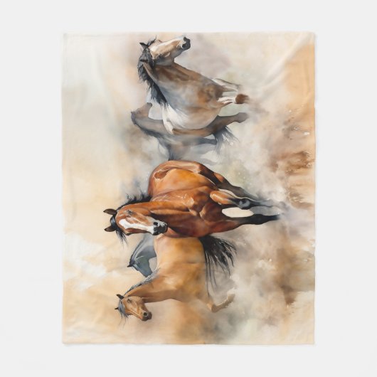 "Five Wild Mustangs" Stoffige Westerne aquarel Fleece Deken (Voorkant)