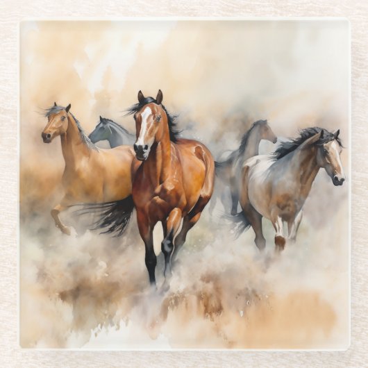 "Five Wild Mustangs" Stoffige Westerne aquarel Glazen Onderzetter (Voorkant)