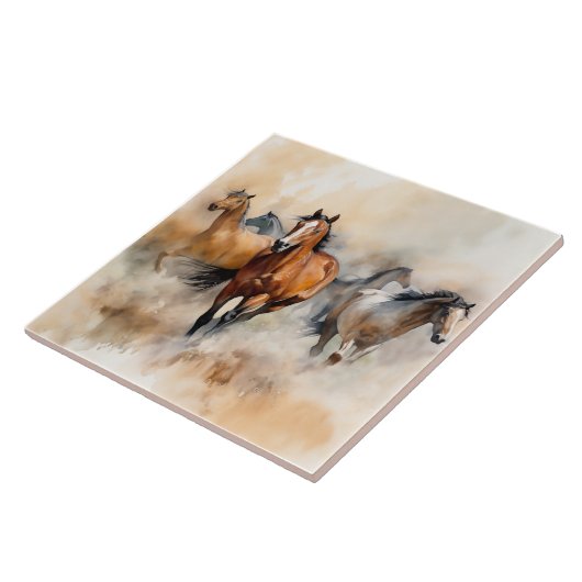 "Five Wild Mustangs" Stoffige Westerne aquarel Tegeltje (Zijkant)