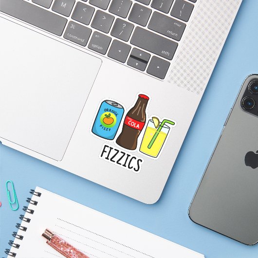 Fizzics Funny Fizzy Cola Drink Pun Sticker (Laptop met iPhone)