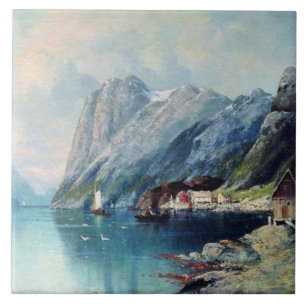 Fjord in Noorwegen, schilderij van Lev Lagorio Tegeltje