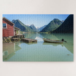 Fjord landschap met boot in Noorwegen Legpuzzel