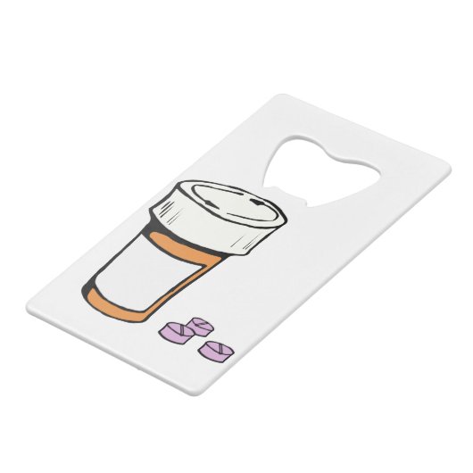 Flacon met voorschrijfpil creditkaart flessenopener (Voorkant Gekanteld)