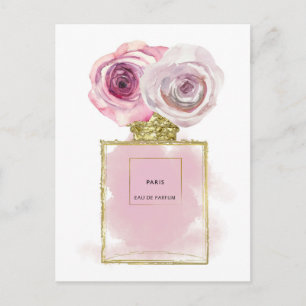 Flacon voor parfum in bloemige mode Roze rozen gou Briefkaart
