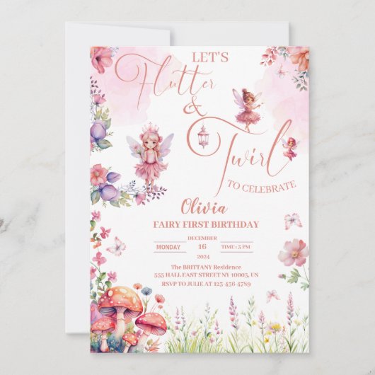 fladderen en dwarrelen fee eerste verjaardag kaart (Voorkant)