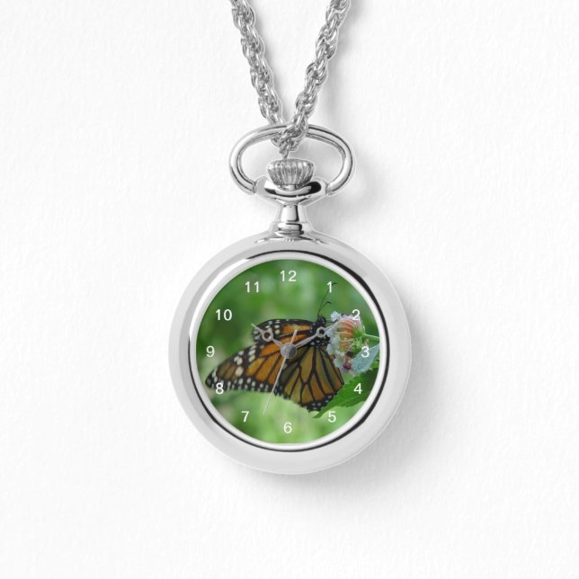  fladderende monarchvlinder op roze bloem horloge (Voorkant)