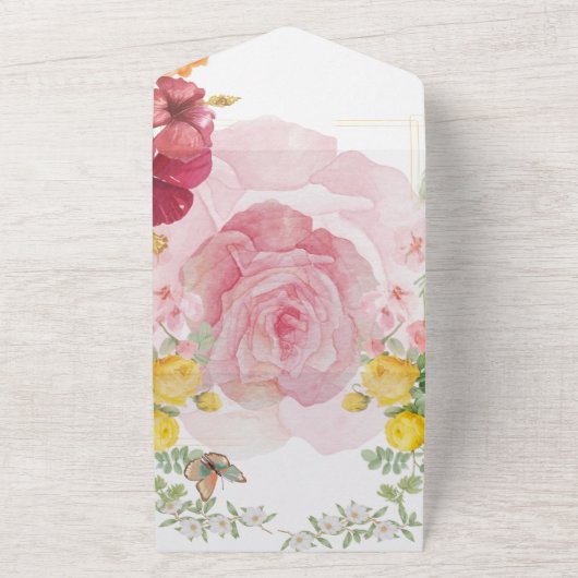 Fladderende romantiek: waterverf roos & vlinder on all in one uitnodiging (Buitenkant)