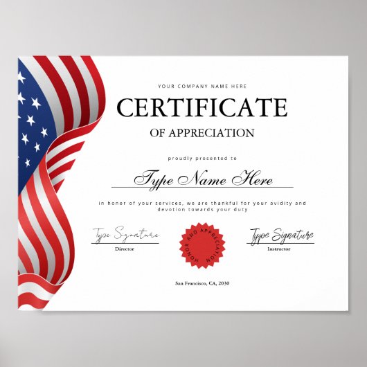 Flag Certificate of appreciation, recognition Poster (Voorkant)
