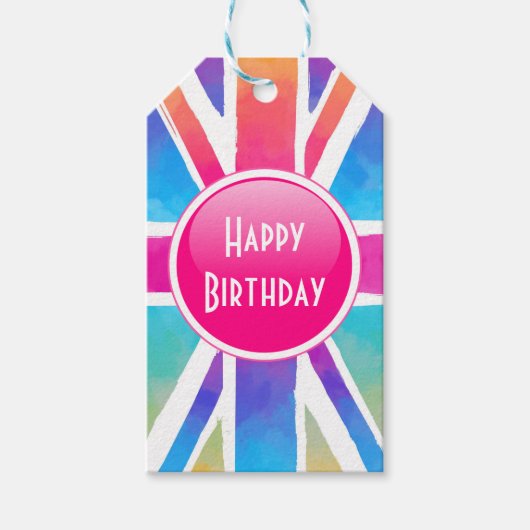Flag Happy Birthday bij Waterverf Union Jack Cadeaulabel (Voorkant)