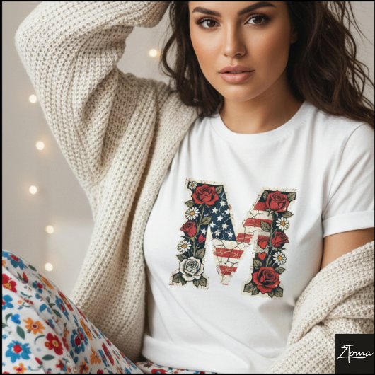Flag Letter M Roses Daisies Monogram T-shirt