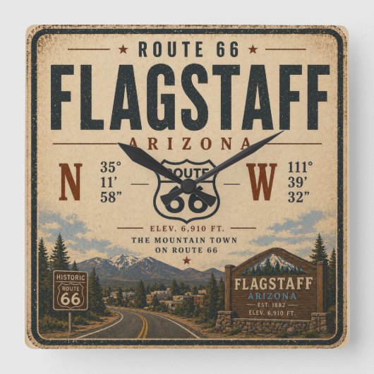 Flagstaff Route 66 Bergtijd Vierkante Klok (Voorkant)