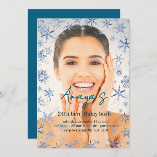 Flakes Frame Winter Birthday Bash Invitation Kaart (Voorkant / Achterkant)