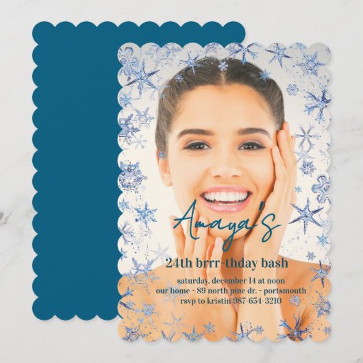 Flakes Frame Winter Birthday Bash Invitation Kaart (Voorkant / Achterkant)
