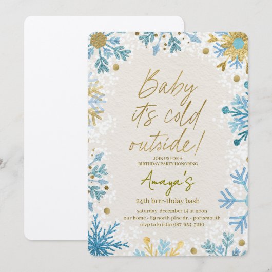 Flakes Frame Winter Birthday Bash Invitation Kaart (Voorkant / Achterkant)