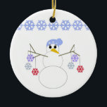 Flakey Snowman met Snowflakes Keramisch Ornament<br><div class="desc">Een schattige sneeuwman met takken voor wapens,  met kleurrijke sneeuwvlokken ornamenten. Een grens van blauwe sneeuwvlokken accentueert de top.</div>