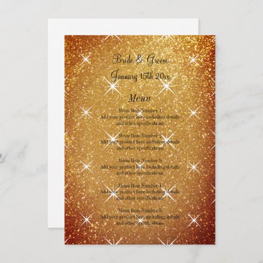 Flamboyant sparkly gouden glitter glamoureuze brui menu (Voorkant / Achterkant)