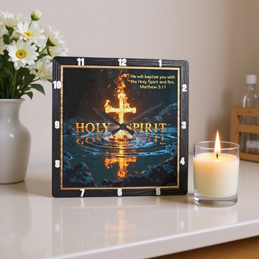 Flame Cross Water Reflection Spirit Matthew 3:11 Vierkante Klok