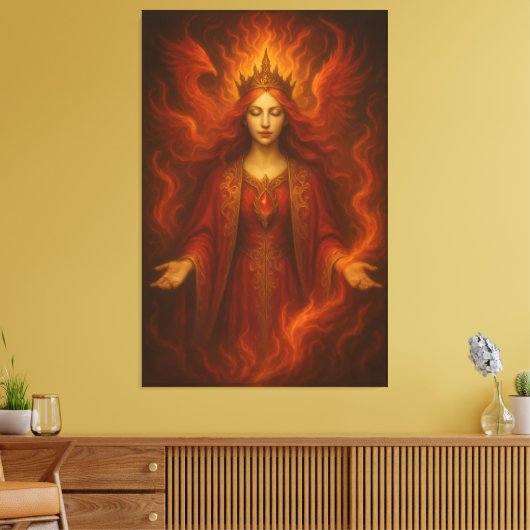 Flame Queen of Eternal Fire – Fire Goddess with Cr Canvas Afdruk (Insitu (Woonkamer))