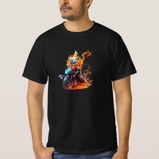 Flame-Riding Feline: Inferno Ghost Cat Rider T-shirt (Voorkant)
