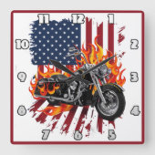 Flamed bike onder Amerikaanse vlag Vierkante Klok (Voorkant)