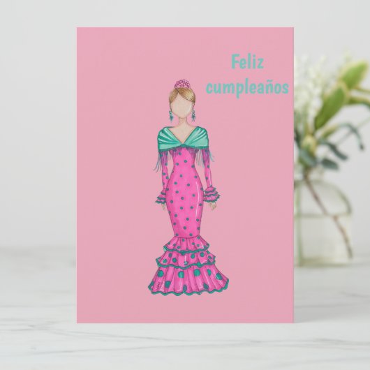 Flamenca traje rosa con lunares verdes kaart (Staand voorkant)