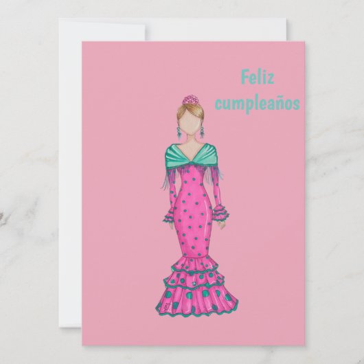 Flamenca traje rosa con lunares verdes kaart (Voorkant)