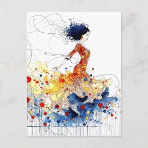 Flamenco-danseres in golvende, meerkleurige bewegi briefkaart